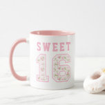Pink Coquette Sweet 16 University Mug<br><div class="desc">This sweet 16 mug features the number 16 in a pink cottage rose pattern with Sweet in a pink varsity font. You can personalize with a name.</div>
