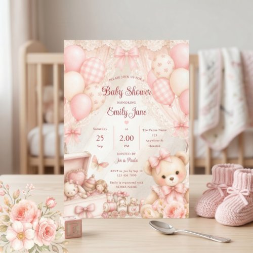 Pink Coquette Teddy Bear Baby Shower Invitation
