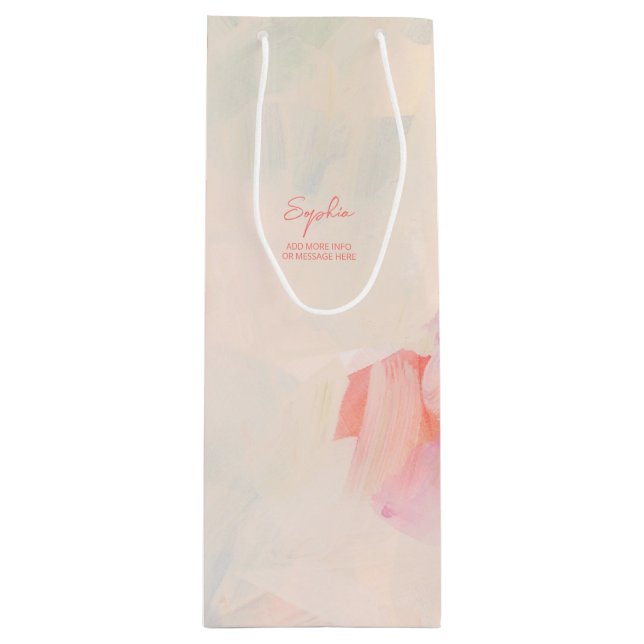 Pink & Coral Abstract Art Painting Custom Text   Wine Gift Bag (Front)