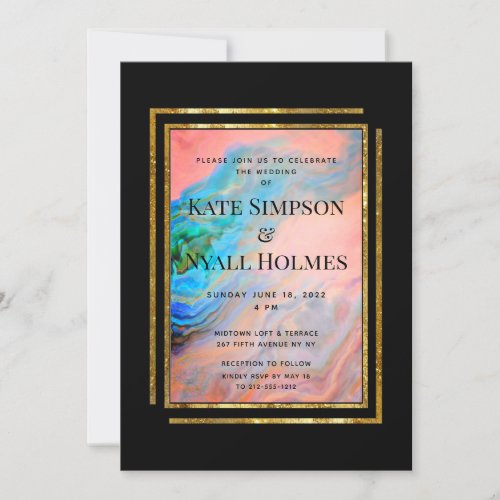 Pink Coral Agate Gold Frame Wedding  Party Invitation