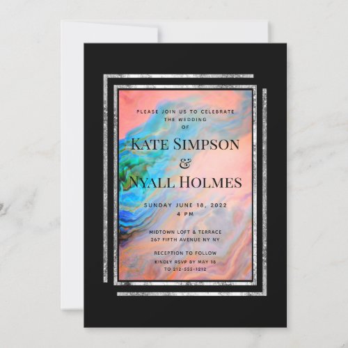 Pink Coral Agate Silver Frame Wedding  Party Invitation