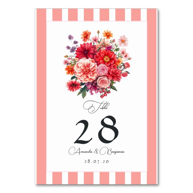Pink, Coral and Fuschia Floral Wedding Table Number (Front)