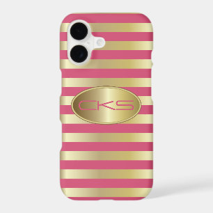 Pink Coral and Gold Stripes Monogrammed iPhone 17 Case
