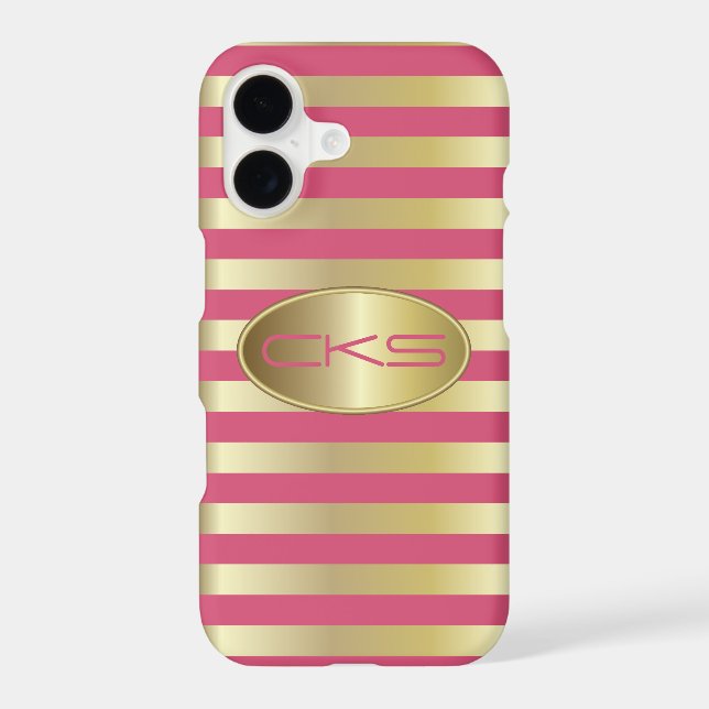 Pink Coral and Gold Stripes | Monogrammed Case-Mate iPhone Case (Back)