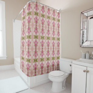 Pink coral and green shower curtain