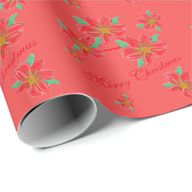 Pink Coral And Red Poinsettias Wrapping Paper (Roll Corner)