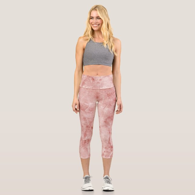 Pink Coral and White Marble Capri Leggings (Front)