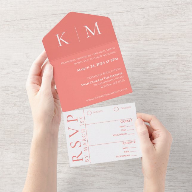 Pink Coral and White-Monogram-Modern-Wedding- All In One Invitation (Tearaway)