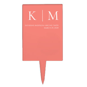 Pink Coral and White-Monogram-Wedding-Cake Pick
