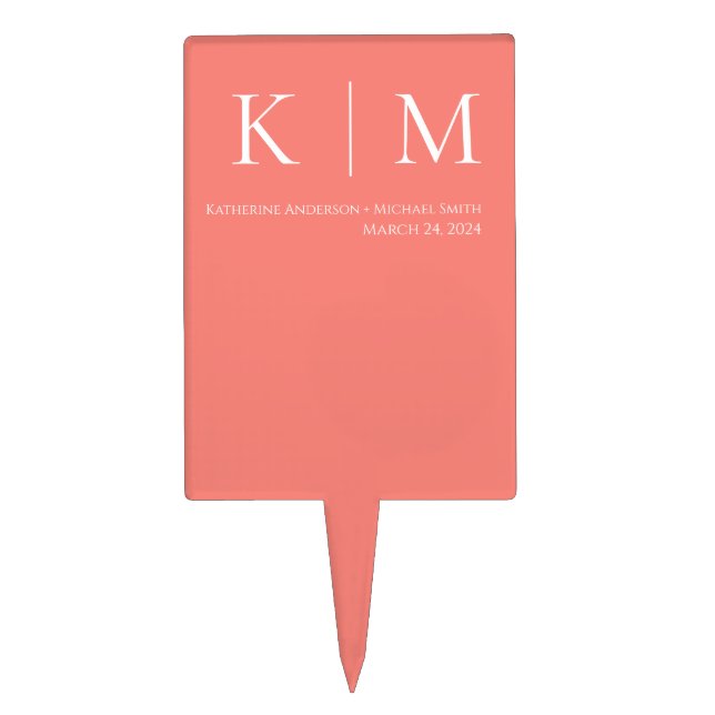 Pink Coral and White-Monogram-Wedding-Cake Pick (Front)