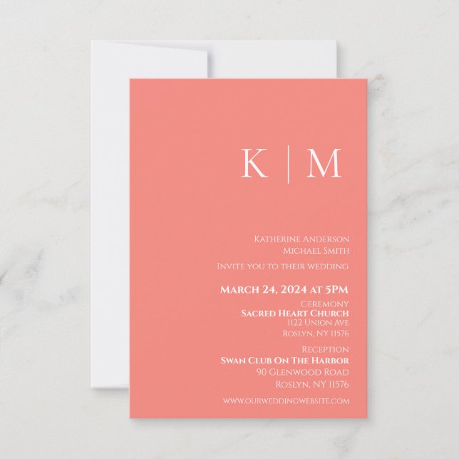Pink Coral and White-Monogram-Wedding- Invitation (Front)