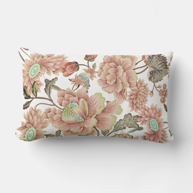 Pink Coral, Blue Flowers on White  Background    Lumbar Pillow (Front)