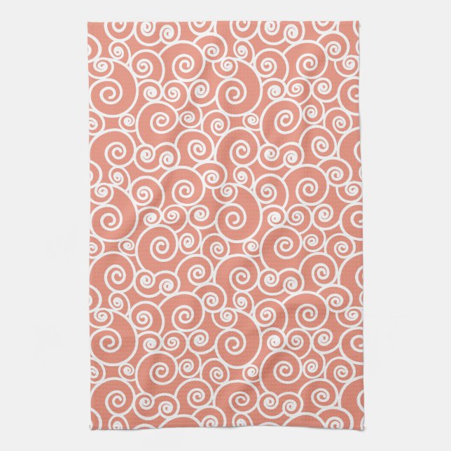 Pink Coral Blush Abstract Swirly Seashell Pattern Kitchen Towel (Vertical)