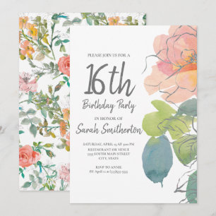 Pink Coral Boho Watercolor Floral Sweet 16 Invitation