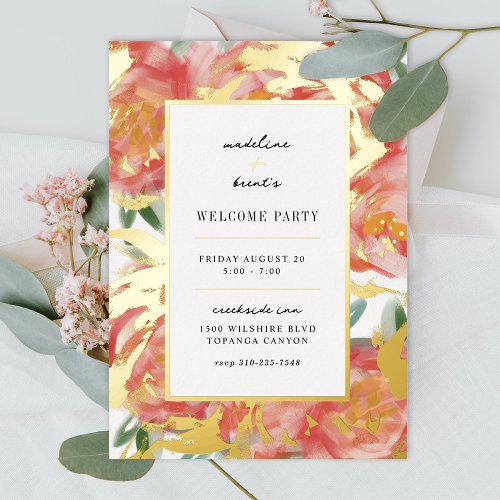 Pink Coral Brushed Rose Welcome Party Foil Invitation