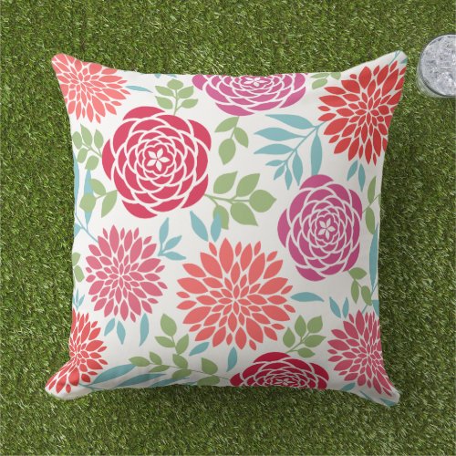 Pink Coral Colorful Summer Flowers Pattern Outdoor Pillow