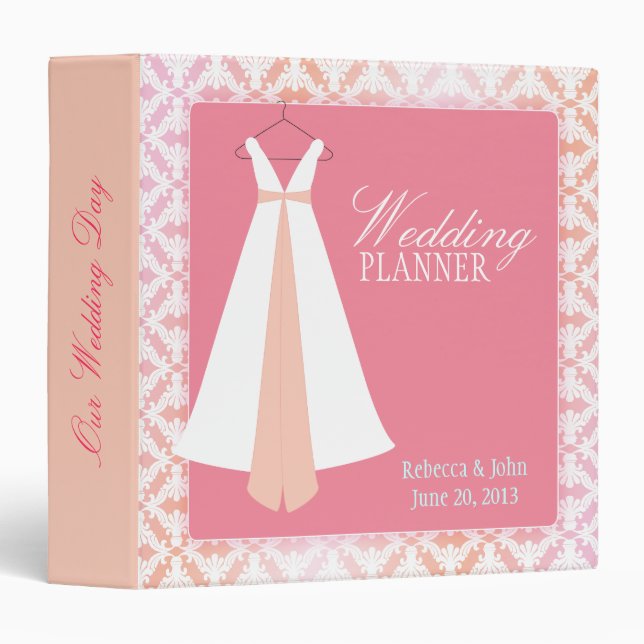 Pink & Coral Damask & Bridal Gown Wedding Planner Binder (Front/Spine)