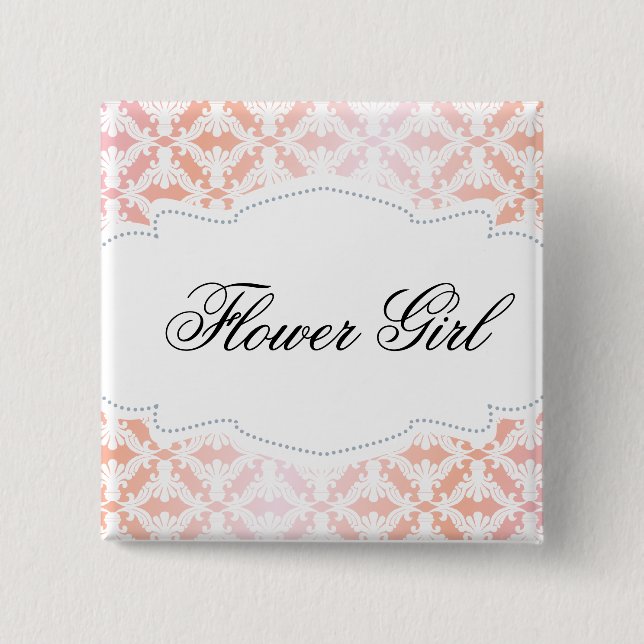 Pink & Coral Damask Flower Girl Pinback Button (Front)