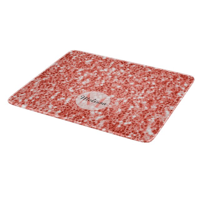 Pink coral dark glitter sparkles Monogram Cutting Board (Corner)