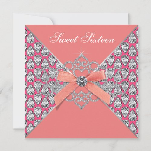 Pink Coral Diamonds Coral Sweet 16 Birthday Party Invitation