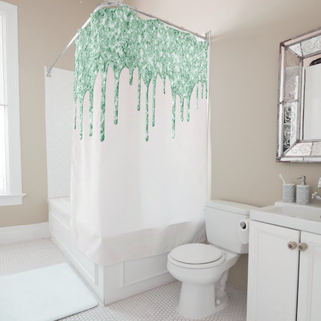 *~* Pink Coral Drip Dripping Mint GLITTER AP7  Shower Curtain (In Situ)