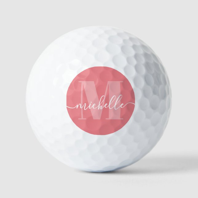 Pink Coral Elegant Modern Monogram Golf Balls (Front)