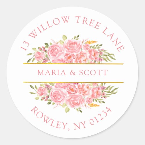 Pink Coral Floral and Gold Return Address  Classic Round Sticker