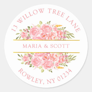 Pink Coral Floral and Gold Return Address Classic Round Sticker