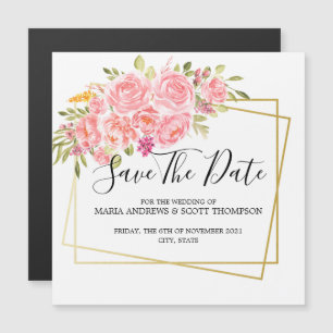 Pink Coral Floral and Gold Save The Date Magnet