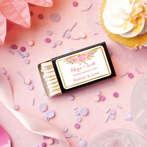 Pink Coral Floral and Gold Wedding Favor Matchboxes