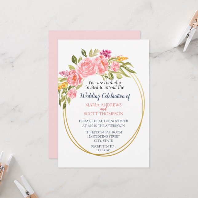 Pink Coral Floral and Gold Wedding Invitation (Front/Back In Situ)