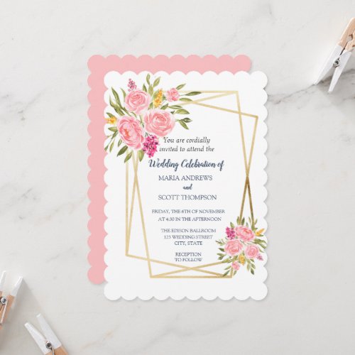 Pink Coral Floral and Gold Wedding Invitation