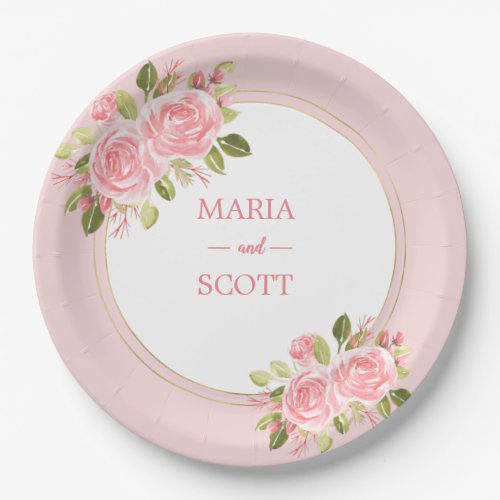 Pink Coral Floral and Gold Wedding Paper Plate