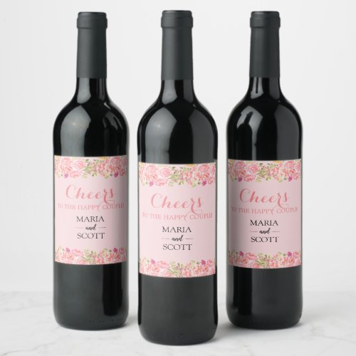 Pink Coral Floral Botanical Wedding  Wine Labels