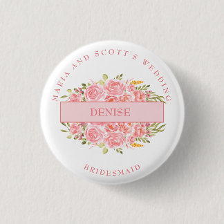 Pink Coral Floral Bridal Party Button