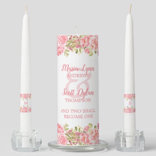 Pink Coral Floral Bride and Groom    Unity Candle Set