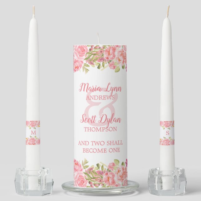 Pink Coral Floral Bride and Groom    Unity Candle Set (Front)