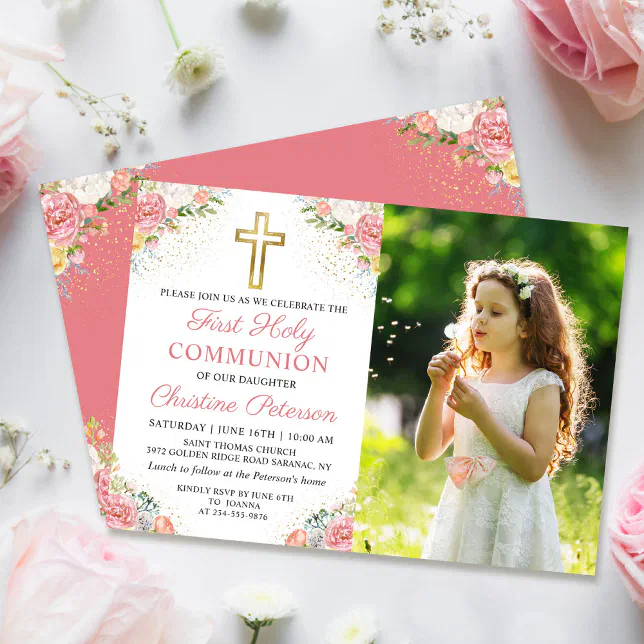 Pink Coral Floral First Holy Communion Photo Invitation | Zazzle