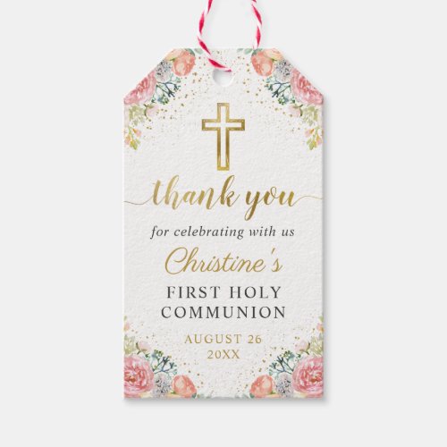 Pink Coral Floral First Holy Communion Thank You Gift Tags