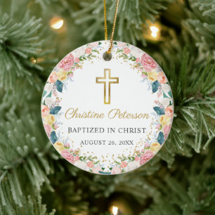 Pink Coral Floral Girl Baptism Gold Gross Photo Ceramic Ornament