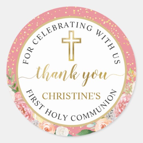 Pink Coral Floral Gold First Communion Thank You Classic Round Sticker