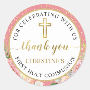 Pink Coral Floral Gold First Communion Thank You Classic Round Sticker