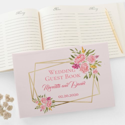 Pink Coral Floral Gold Frame Wedding Guest Book