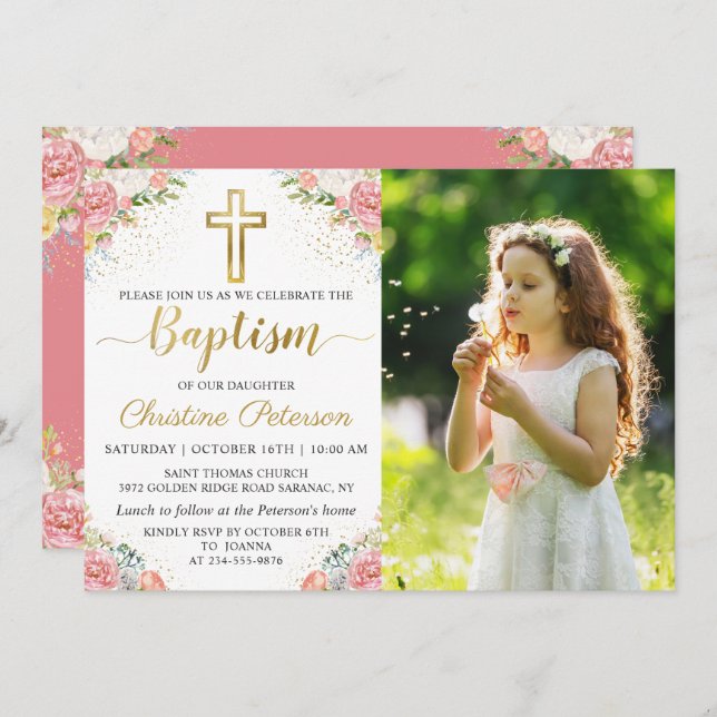 Pink Coral Floral Gold Glitter Girl Baptism Photo Invitation (Front/Back)