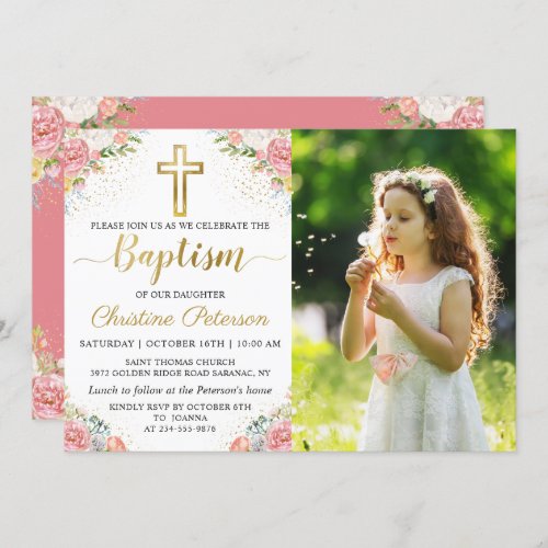 Pink Coral Floral Gold Glitter Girl Baptism Photo Invitation
