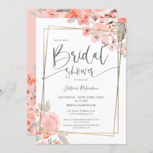 Pink coral floral gold script bridal shower invitation