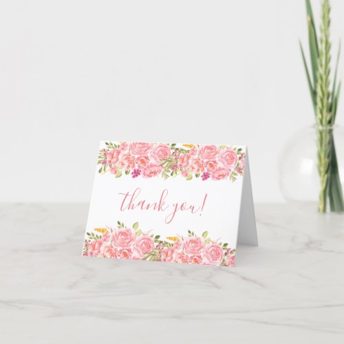 Pink Coral Floral Roses Folded Thank You Card