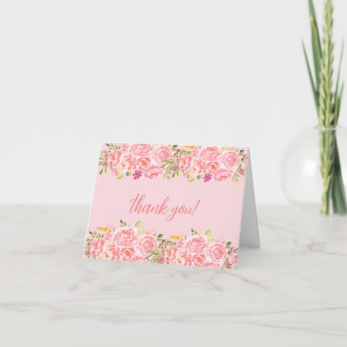 Pink Coral Floral Roses Folded Thank You Card