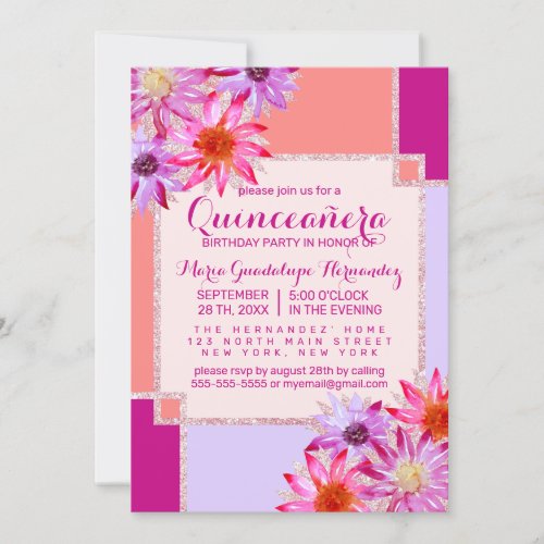 Pink Coral Floral Watercolor Glitter Quinceaera Invitation