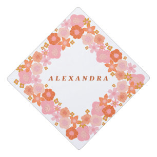 Pink Coral Floral Wreath Personalized Grad 2026 Graduation Cap Topper